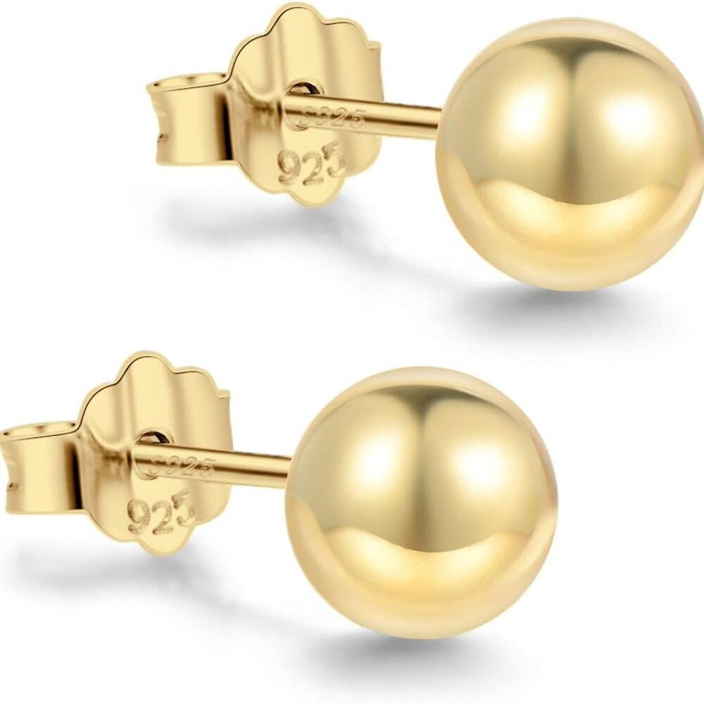 Sterling Silver 18K Gold Plated Ball Earrings 3mm-10mm Hypoallergenic Jewelry